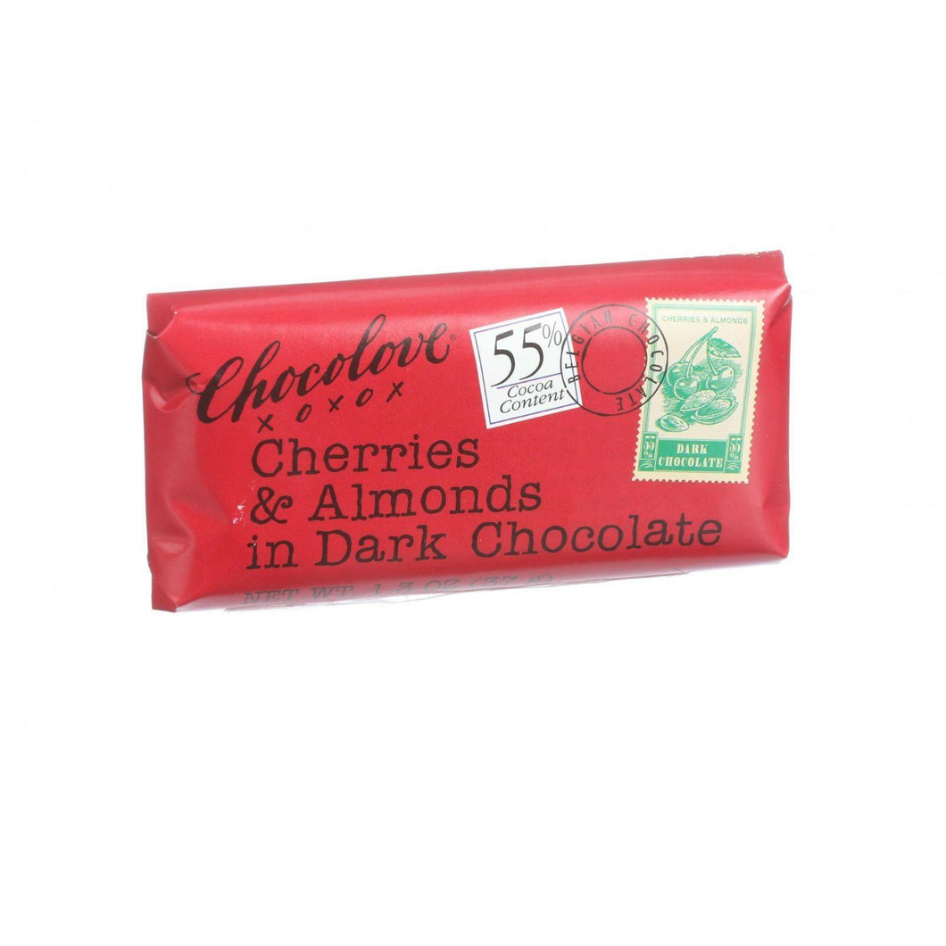 Chocolove Xoxox Premium Chocolate Bar - Dark Chocolate - Cherries And Almonds - Mini - 1.3 Oz Bars - Case Of 12