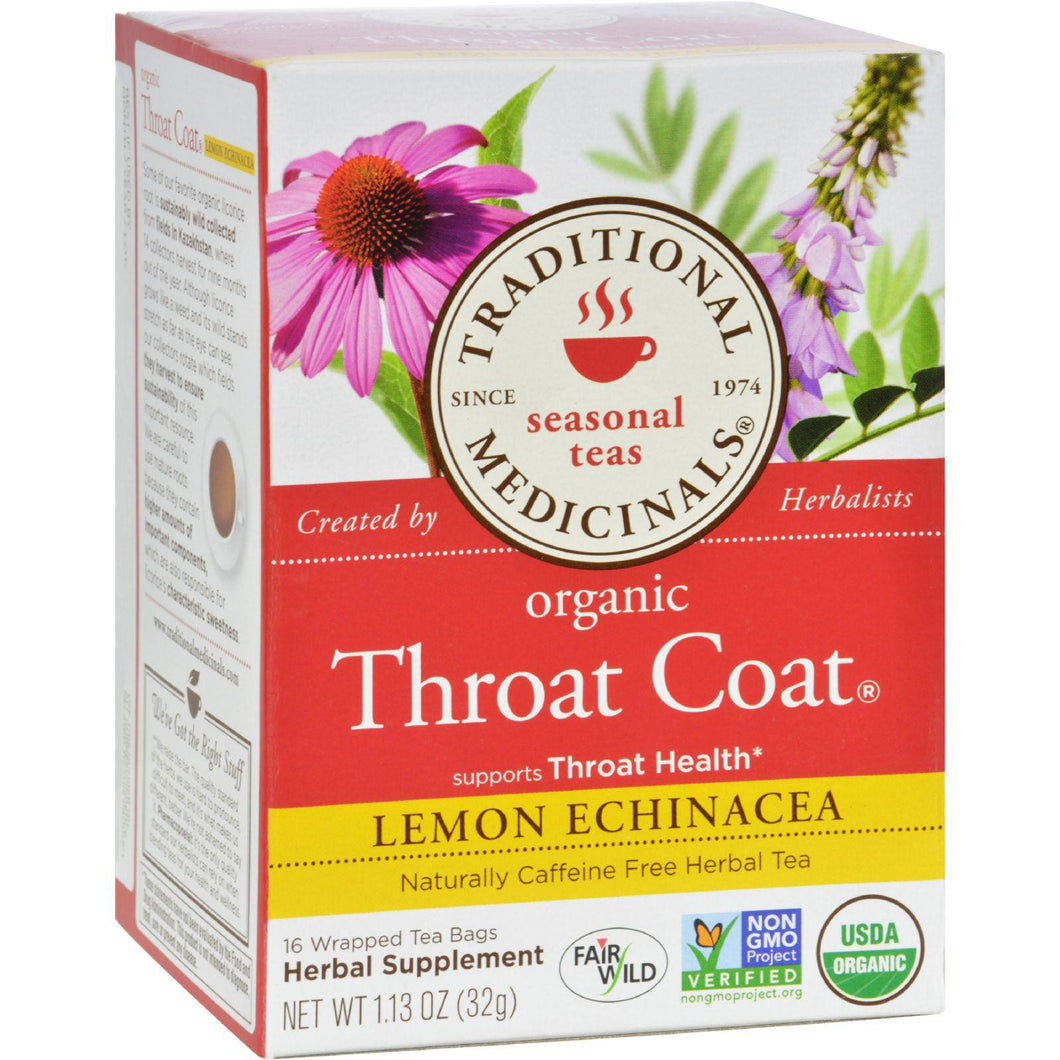 Traditional Medicinals Organic Throat Coat Lemon Echinacea Herbal Tea - Caffeine Free - 16 Bags