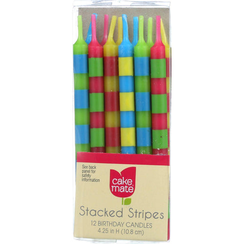 Cake Mate Candles - Birthday - Stacked Stripes - 12 Count - Case Of 6