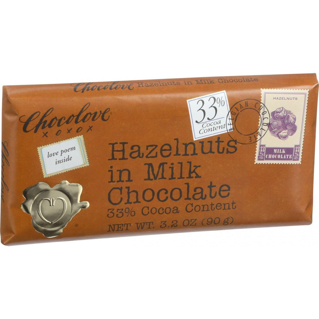 Chocolove Xoxox Premium Chocolate Bar - Milk Chocolate - Hazelnuts - 3.2 Oz Bars - Case Of 12