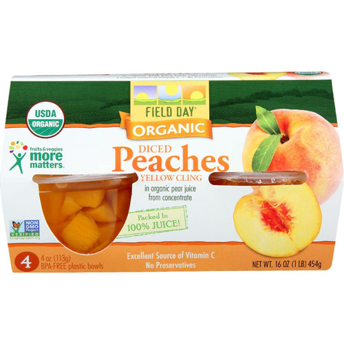 Field Day Fruit Cups - Organic - Yellow Cling Peaches - Diced - 4-4 Oz - Case Of 6