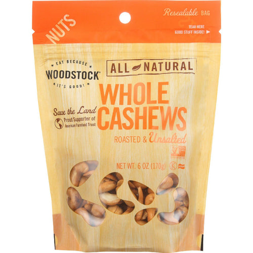 Woodstock Nuts - All Natural - Cashews - Whole - Extra Large - Roasted - Unsalted - 6 Oz - Case Of 8
