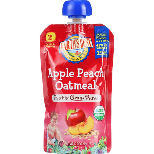 Earths Best Baby Food - Organic - Fruit And Grain Puree - Pouch - Age 6 Months Plus - Stage 2 - Apple Peach Oatmeal - 4.2 Oz - Case Of 12