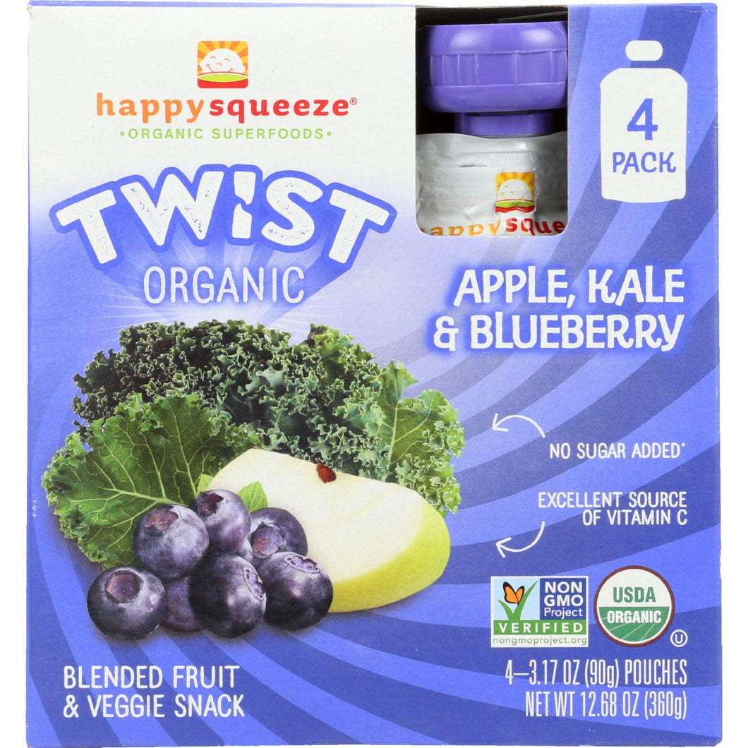 Happy Squeeze Fruit And Veggie Snack - Organic - Blended - Twist - Apple Kale And Blueberry - 4-3.17 Oz - Case Of 4